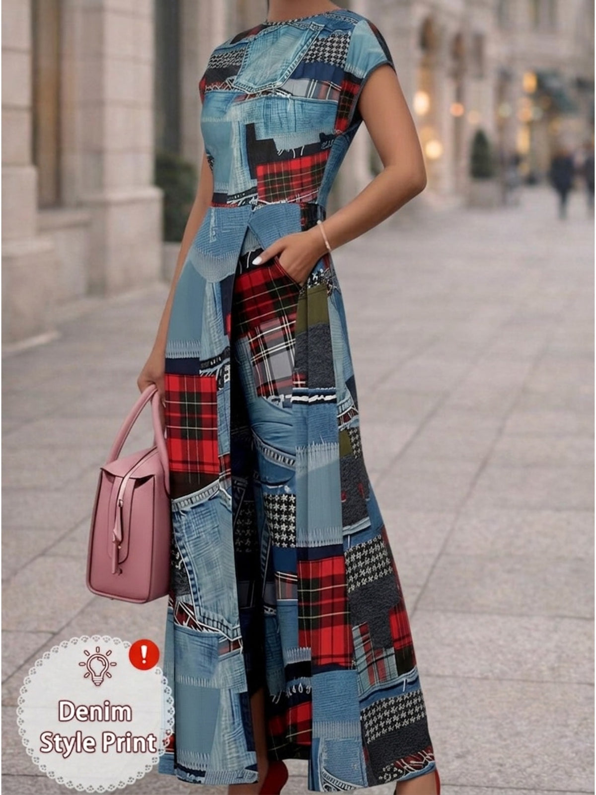 The Retro Verdict | Plaid Cap-Sleeve Slit Dress & Slim Pant 2-Piece Set — view 1 of 3