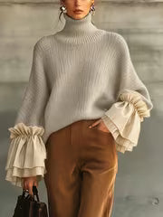 Women'S Elegant Fashion High-Neck Long Sleeve Sweater with Sheer Ruffled Cuffs — view 10