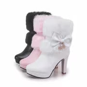 Ladies' Footwear, Cozy, Elevated Heels, Short Boots, Plush, Ribbon Detail, Adornment, Weather-Resistant, Trendy — view 3
