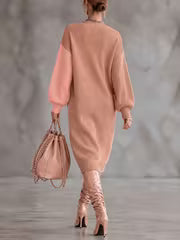 Women's Autumn/Winter Pink Apricot and Blue Color-Block V-Neck Dress, Midi-Length with Long Sleeves and Loose — view 3