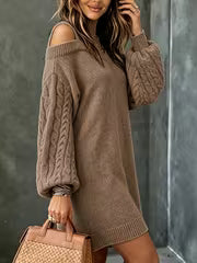 Retro Off-Shoulder High-Neck Dress, Jacquard Weave Long Sleeve Loose Casual Style Women'S Autumn Winter Sweater — view 3