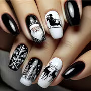24pcs Christmas Nail Art Stickers - Black Ballet Shape Medium Length Glossy Press-On Nails with Santa Sleigh — view 1