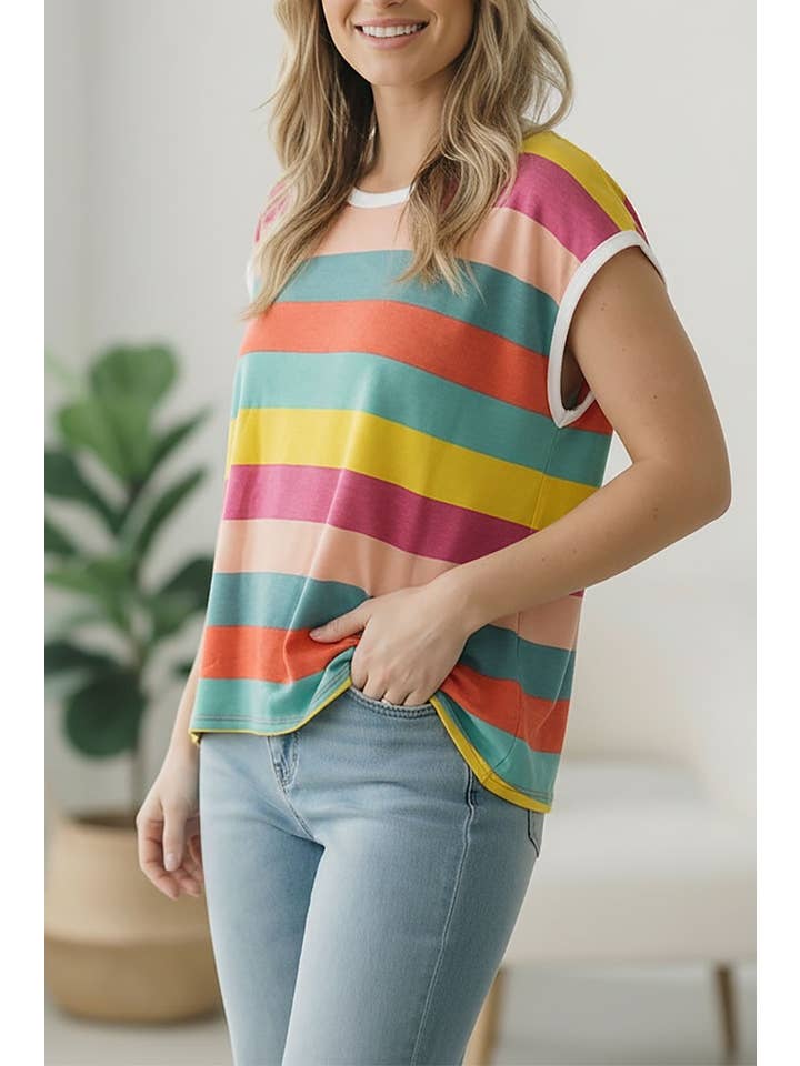 Round Neck Multi Stripe Top