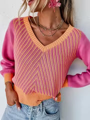 QD260517095 Color-Block Sweater Women'S Casual All-Match V-Neck Pullover Coat Individual Design Pure Color Long — view 1