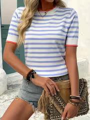 Women's High-Elastic Round Neck Short Sleeve Blouse-Compatible Shirt | Striped Color-Blocking Suitable for — view 6