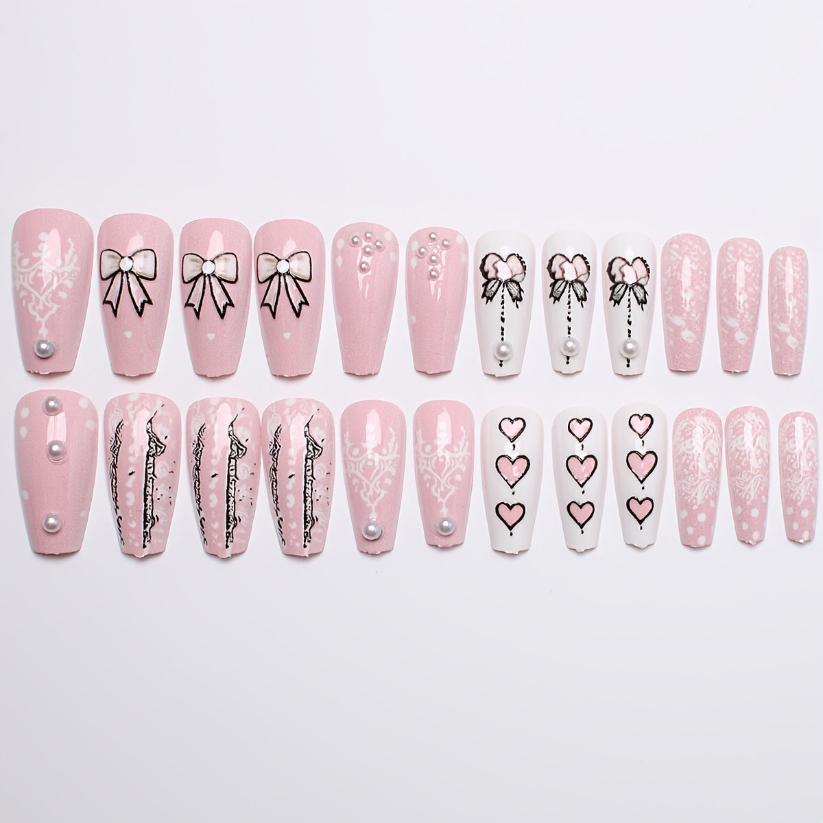 24pcs Pack Wearable Nail Plate Premium Sweet Cute Style Bow Pattern Pearl Studded Ballet Style Pattern Glossy Style Nail Finished Product, Suitable for Women And