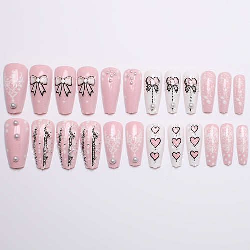 24pcs Pack Wearable Nail Plate Premium Sweet Cute Style Bow Pattern Pearl Studded Ballet Style Pattern Glossy Style Nail Finished Product, Suitable for Women And