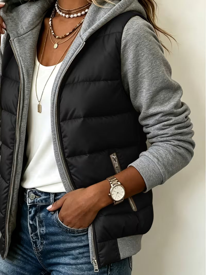 Women's Fashion Patchwork Color-Block Quilted Jacket, Long Sleeve Hooded Winter Jacket, an Essential for Autumn — view 7