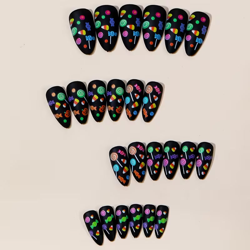 24pcs Matte Black Rainbow Candy Almond-Shaped Fake Nails, Pure Black Matte Base with Colorful Spiral Lollipop — view 7