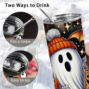 1pc 20oz Christmas Pumpkin Themed Pattern Tumbler with Lid and Straw, Stainless Steel Insulated Hot and Cold — view 3