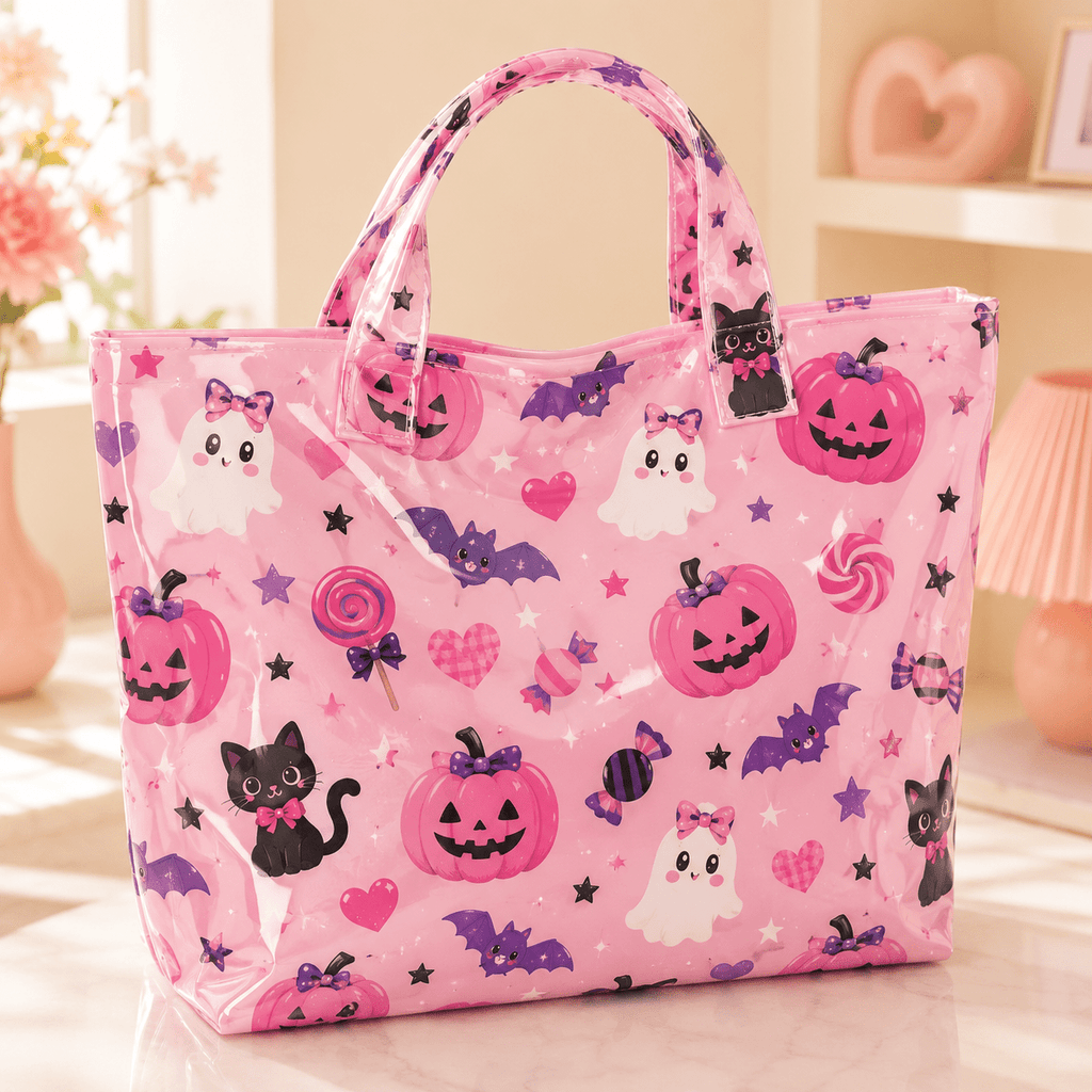 Women' Large PVC Tote Bag Suitable for Beach Vacation & Gym - Pink/Purple Bat Print with Candy Bat, Reusable Large Capacity Shoulder Bag, PVC for Daily Use, Short Trips, Strap & Buckle Closure