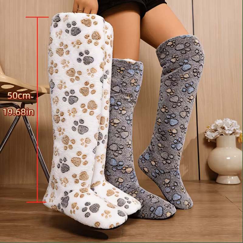 Cute Dog Paw Print Home Tall Boots, Plush and Thick-Lined Slippers, Soft-Soled House Socks, Women Shoes — view 9
