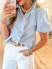 Women's Elegant Striped Puff Sleeve Ruffle Collar Casual Shirt — view 9