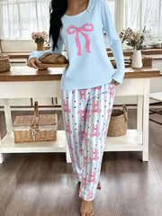 Women'S Casual Pajamas Cute Bow Print Long Sleeve Striped Pants Set — view 3