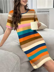 Women's Homewear, Colorful Horizontal Stripe Short - Sleeved Knee - Length Dress, Polyester Material, Multiple — view 2