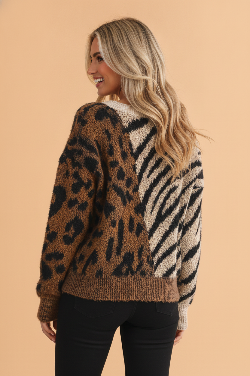 The Untamed Guest List | Leopard & Zebra Western Patchwork Sweater — view 2 of 3