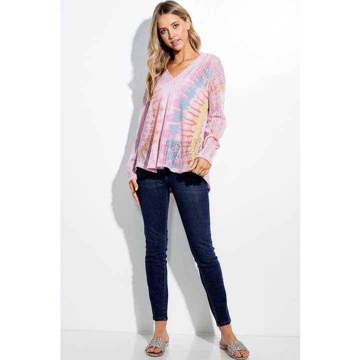 Tie Dye Print Open Knit Hoodie Long Sleeve Sweater