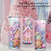 One 20 Oz Mikenda Stainless Steel Tumbler Featuring a Charming Gingerbread And Candy House Design, Equipped with — view 6
