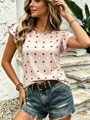Women's Summer Light Pink Polka Dot Flutter Sleeve T-Shirt, Round Neck Ruffle Short Sleeve Loose Fit Casual — view 2