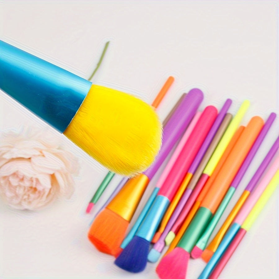A Set of 10 Ultra-Soft Rainbow Makeup Brushes Including Powder, Eyeshadow, Blush, Eyebrow, And Lip Brushes.