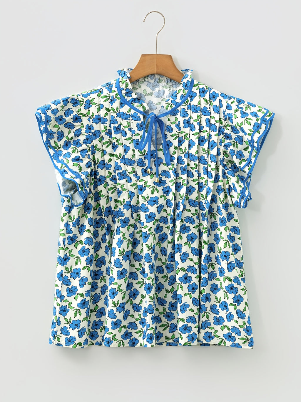 Sky Blue Tiered Flutter Sleeve Pleated Flower Blouse