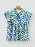 Sky Blue Tiered Flutter Sleeve Pleated Flower Blouse