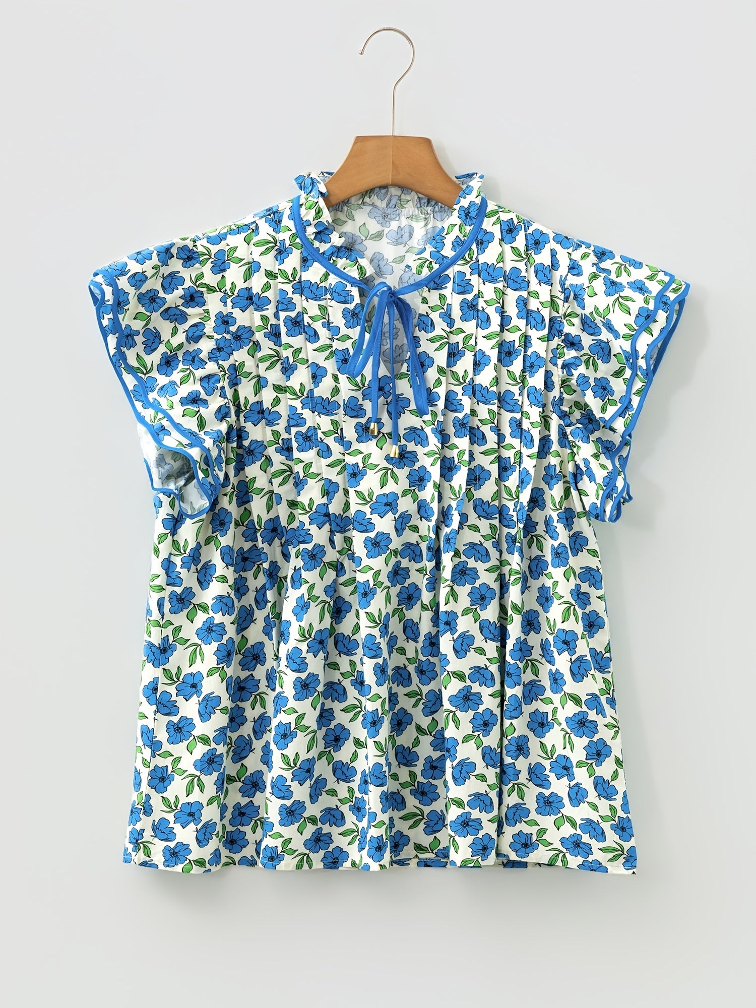 Sky Blue Tiered Flutter Sleeve Pleated Flower Blouse
