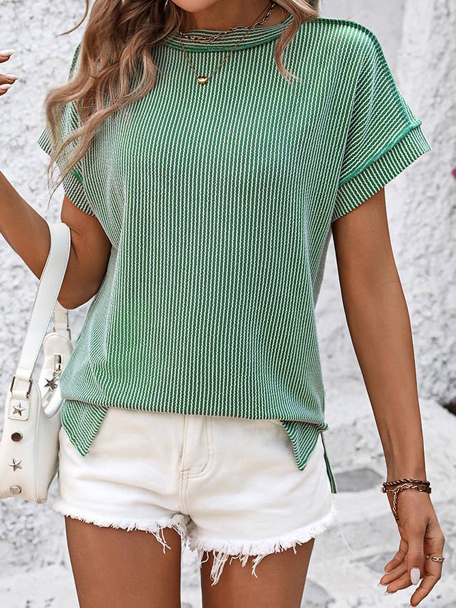 Ribbed Knitting Stitching Outside Round Neck Top MD121