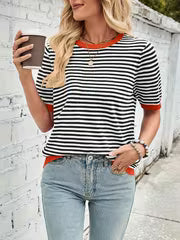 Women's Casual Striped Round Neck Sweater - Ribbed Short Sleeve Pullover with Color Block Design, High Stretch — view 1