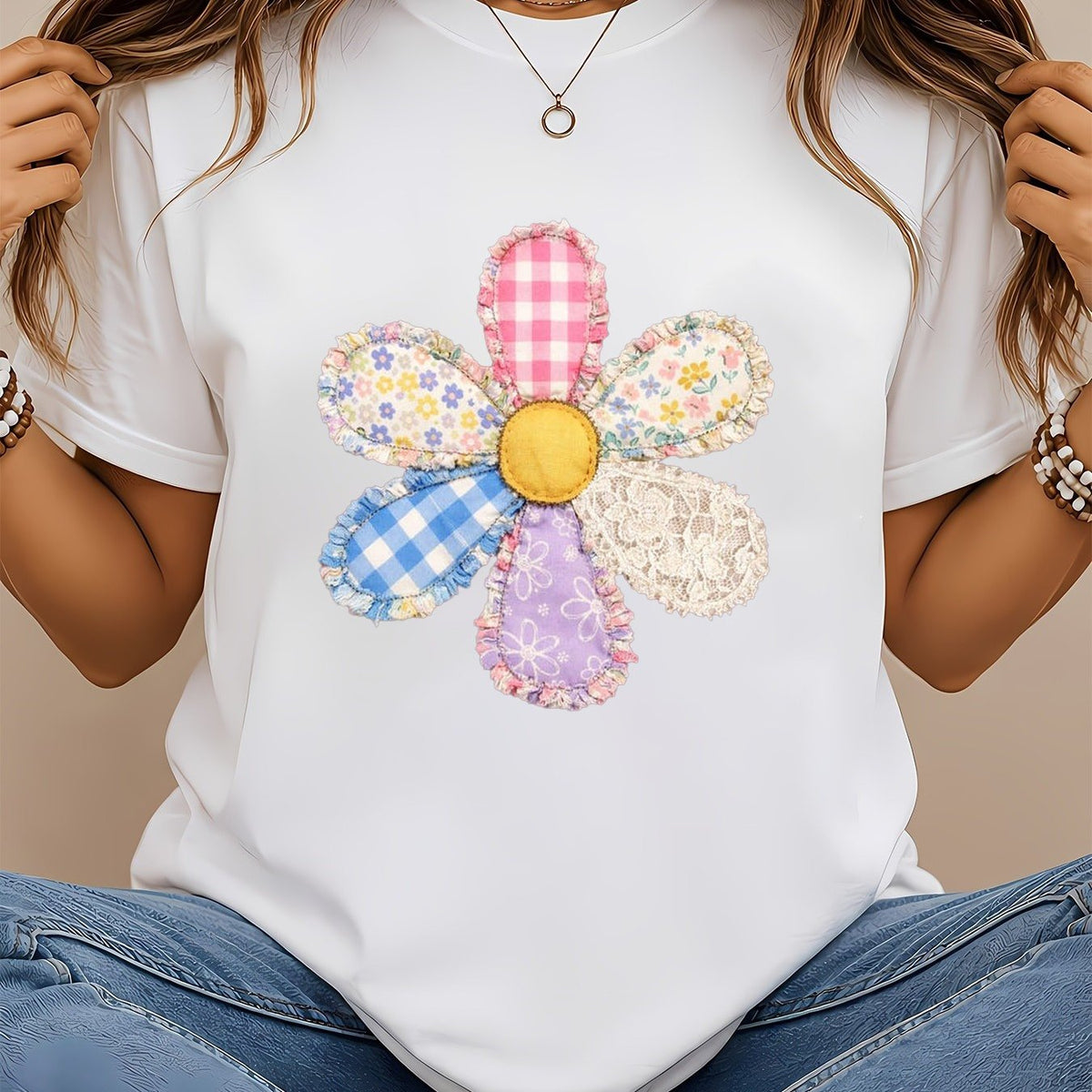 Faux Patchwork Flower Shirt Floral Faux Quilted Graphic