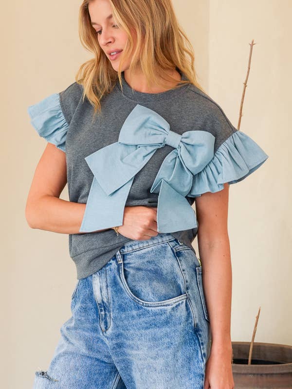 Denim French Terry Bow Flutter Sleeve Top | TR2049-01