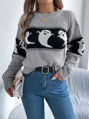 [Halloween] Halloween Women's Casual Autumn And Winter Striped Color-Block Ghost Pattern Long-Sleeve Pullover — view 3