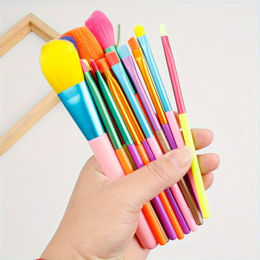 A Set of 10 Ultra-Soft Rainbow Makeup Brushes Including Powder, Eyeshadow, Blush, Eyebrow, And Lip Brushes.