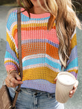 Pink Stripe Colorblock Hollowed Crochet 3/4 Sleeve Sweater