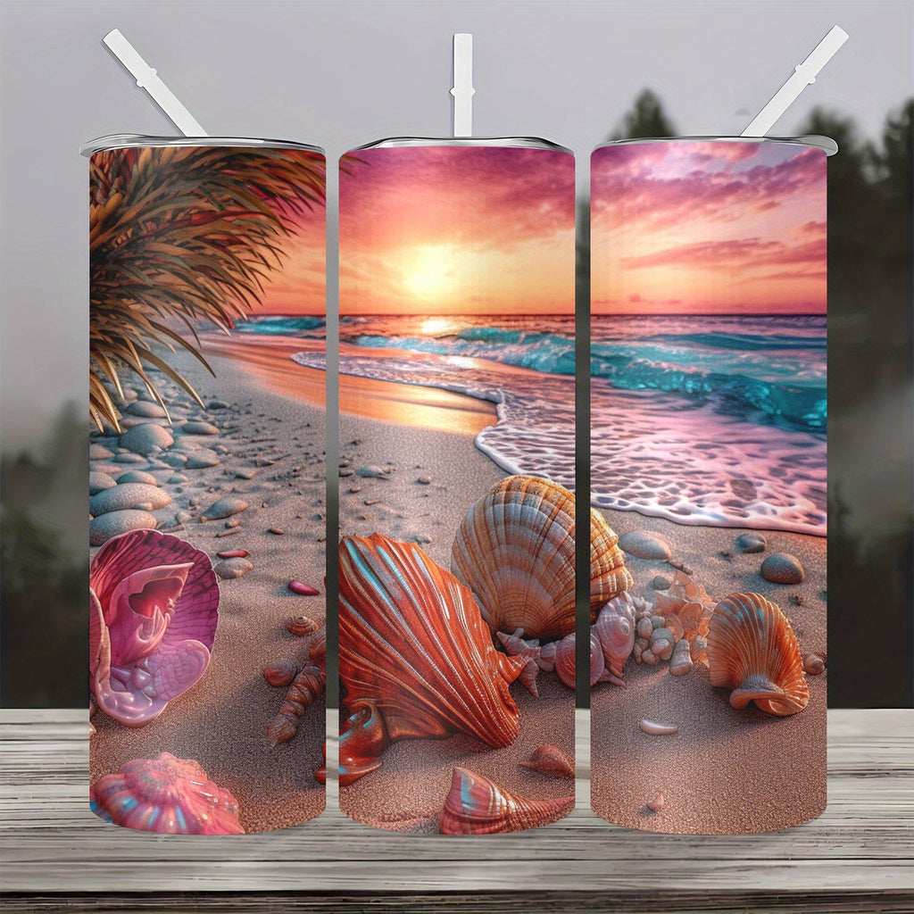 20oz Stainless Steel Tumbler with Seashell Beach Design - Vacuum Insulated Travel Mug with Lid and Straw