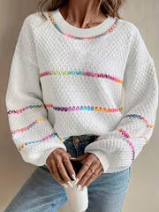 Women's Loose Crew Neck Sweater - Elegant Color Striped Pullover, Soft Polyester, Relaxed Style for Casual or — view 4