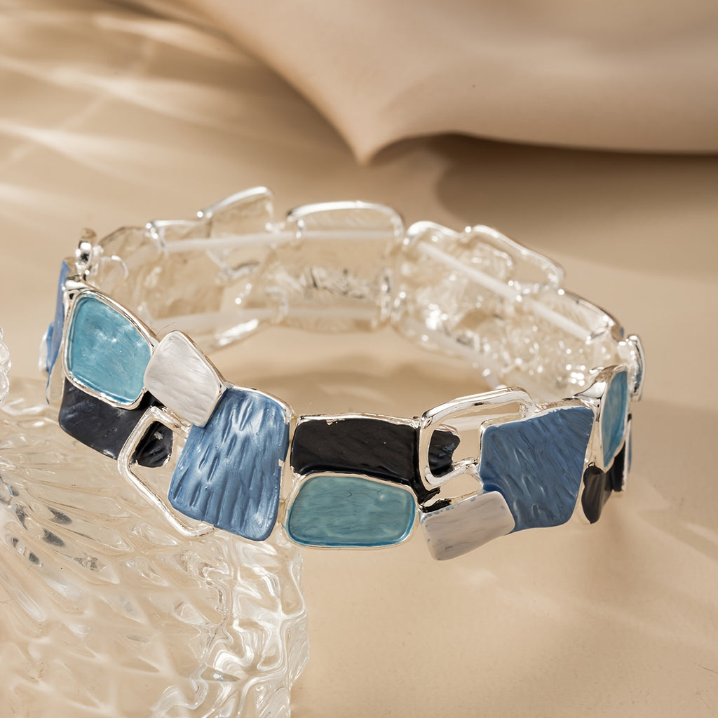 1pc Stretch Bracelet Blue Geometric Square Zinc Alloy Enamel Drip Oil Adjustable Elegant Bohemian Ocean Style Simple Elegant Design Fashionable High-End Feeling Suitable for Daily Beach Vacation And Daily Wear Accessories