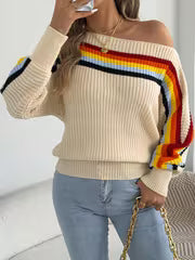 Autumn And Winter Casual Vacation Women'S Sweater Rainbow Stripe Slanted Shoulder Long Sleeved Pullover — view 1
