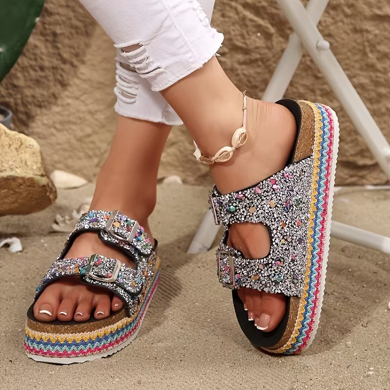 Women's Elegant Rhinestone-Decorated Thick Platform - Slip-On Open-Toe Beach Slippers with Cushioned Sole — view 16