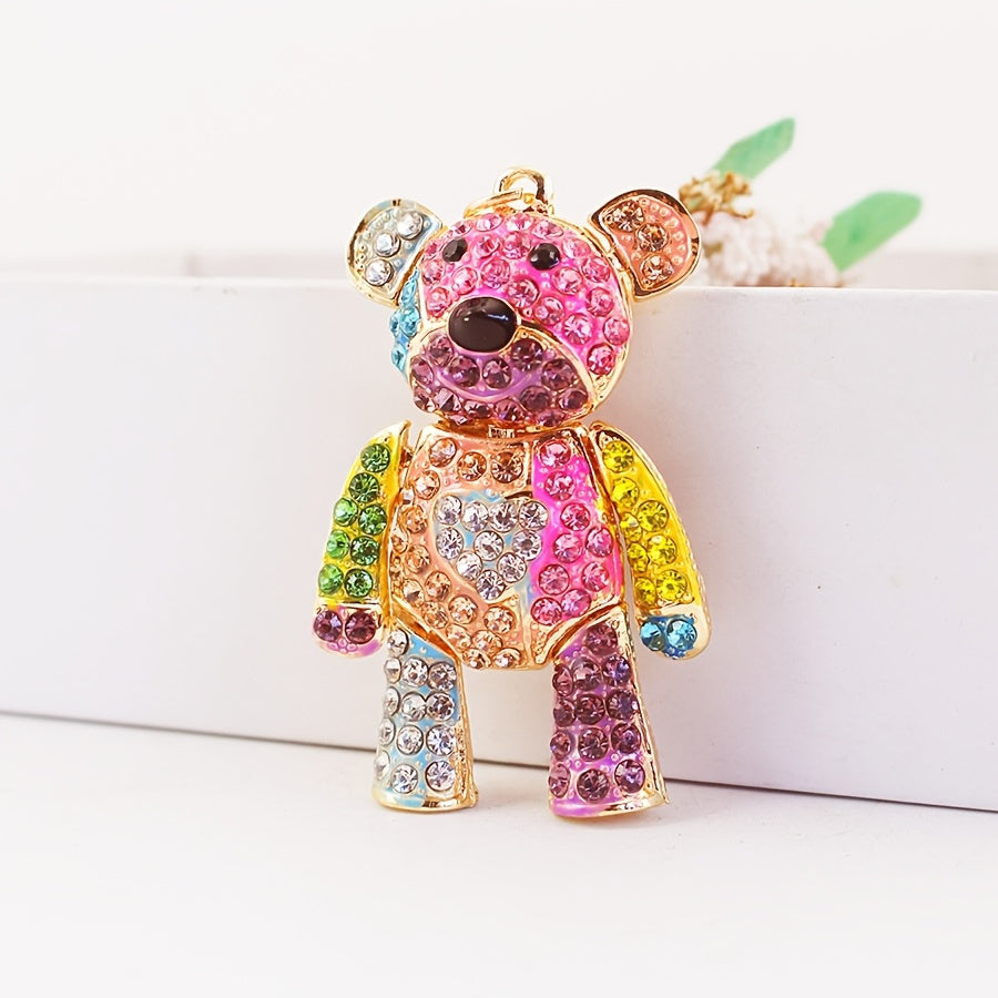 Cute Colorful Patchwork Bear Animal Rhinestone Car Keychain