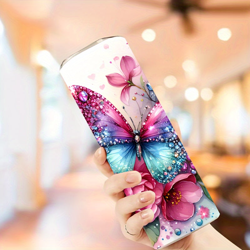1pc 20oz Stainless Steel Tumbler with Lid - Elegant Butterfly & Floral Design, Insulated for Hot & Cold Drinks, Perfect Gift for Mom, Wife, or Girlfriend, Ideal for Home, Travel, Outdoor Use