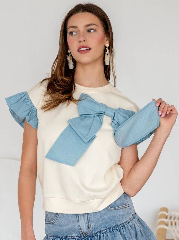 Denim French Terry Bow Flutter Sleeve Top | TR2049-01