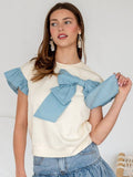 Denim French Terry Bow Flutter Sleeve Top | TR2049-01