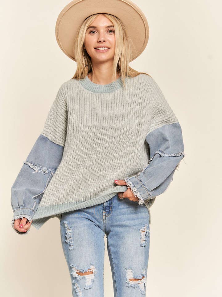 LESW3192 - Frayed Denim Sleeve Sweater Top
