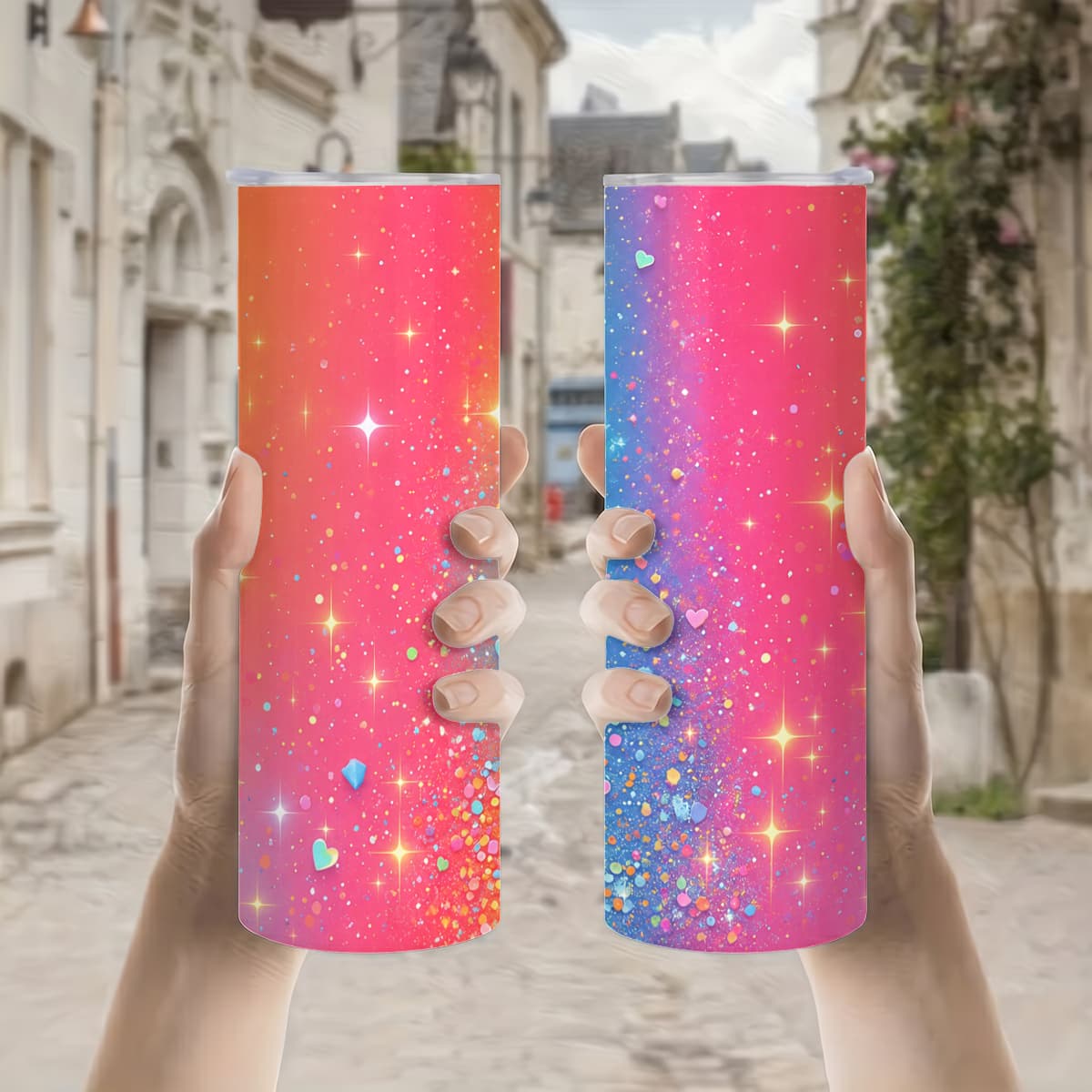 1pc 20oz Rainbow Sparkle Heart Glitter Pattern Stainless Steel Insulated Tumblers Coffee Office Travel Mug with Lid Cup Daily Use Leakproof And Bpa Free Keep Drink Hot And Cold Ideal Gift for Friends Family Colleagues on Birthday Christmas Valentine