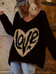 Plus Size, Plus Size2D Flat Printing Plus Size Heart Love Top, Casual Long Sleeve V Neck Top, Women's Plus Size