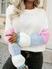New Autumn/Winter Women'S Round Neck Sweater, Pullover Style, Contrast Color, Puff Sleeve Top — view 1
