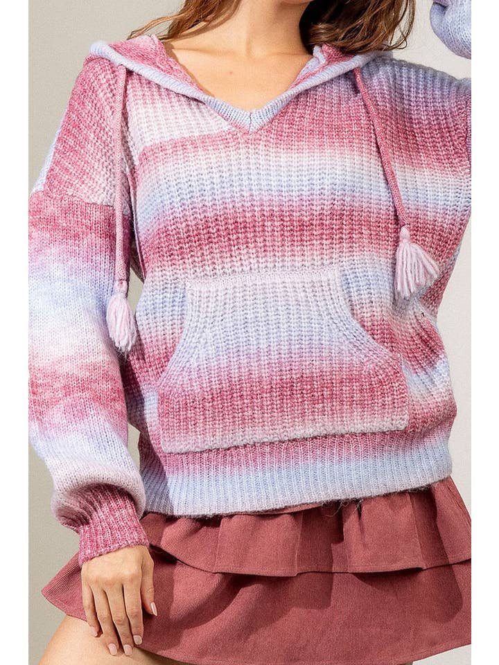 Multi Color Ombre Knit Hoodie Sweater with Pocket — view 4