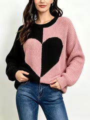 Women' Pink & Black Contrast Heart Jacquard Sweater - Loose Fit Round Neck Pullover, Soft Winter Sweater — view 4