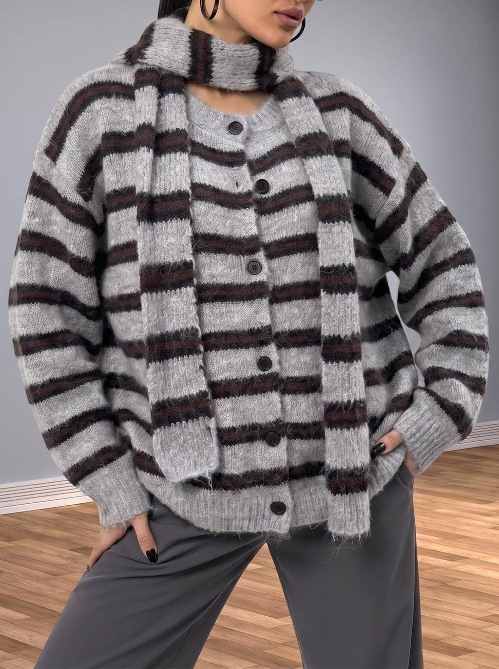 Women's College-Style Striped Knit Cardigan with Scarf